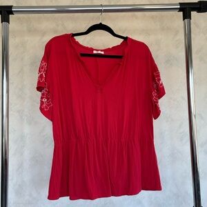 Maurices Red Blouse with Embroidered Sleeves